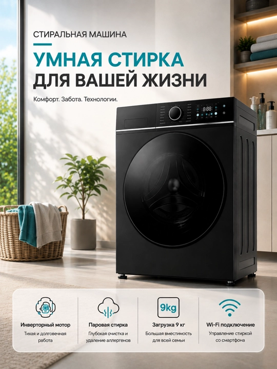 Стиральная машина Hisense, 9 кг, инверторный мотор, паровая стирка, Wi-Fi - 