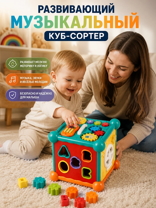 Музыкальный куб-сортер 0+, развивающая интерактивная игрушка, сортер с фигурками