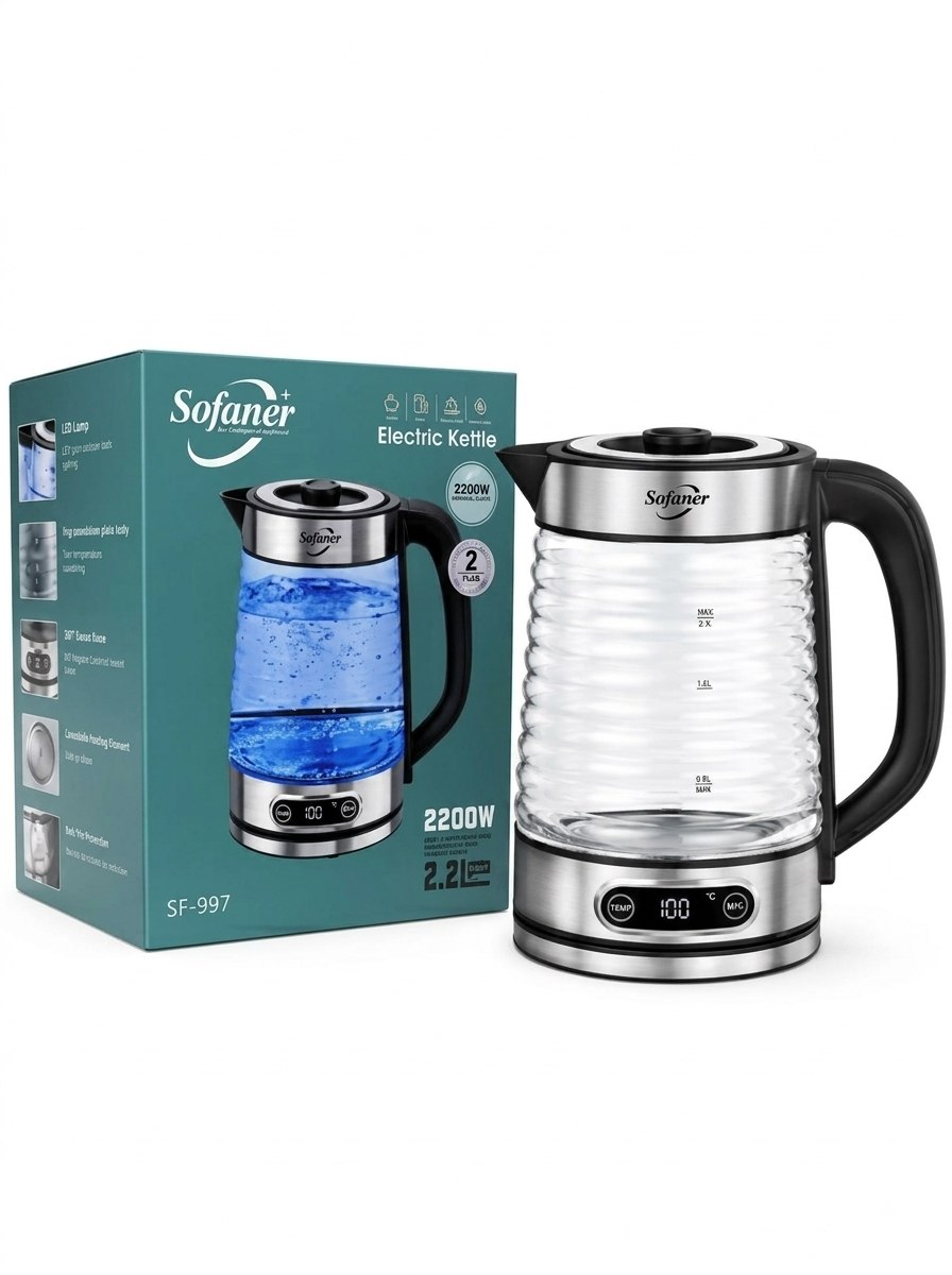 BOSCH 1.8L elektr choynagi, LED yoritgichli zamonaviy shisha choynak, quvvati 1500 Vt