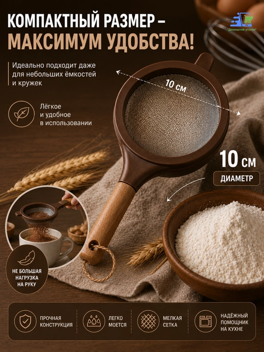Кухонное сито с деревянной ручкой, мелкая сетка, для муки, чая и продуктов, 10/16см