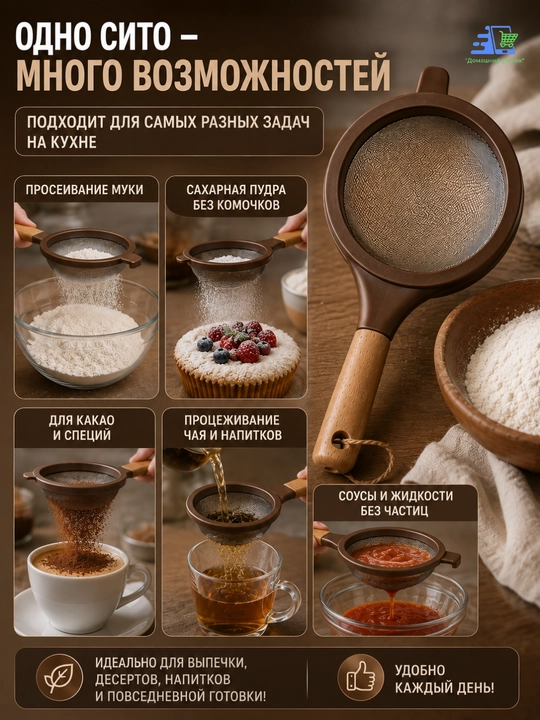 Кухонное сито с деревянной ручкой, мелкая сетка, для муки, чая и продуктов, 10/16см