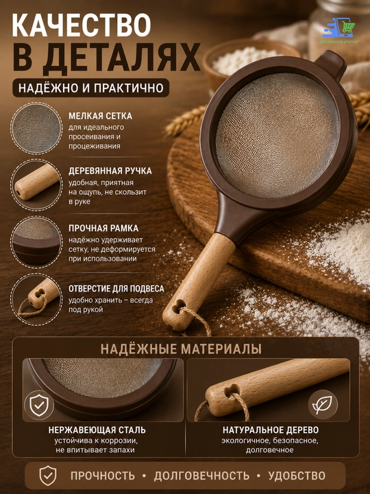 Кухонное сито с деревянной ручкой, мелкая сетка, для муки, чая и продуктов, 10/16см