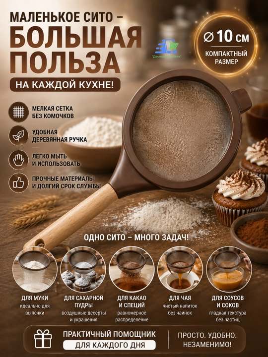 Кухонное сито с деревянной ручкой, мелкая сетка, для муки, чая и продуктов, 10/16см