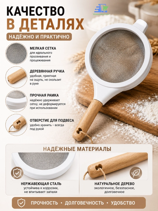 Кухонное сито с деревянной ручкой, мелкая сетка, для муки, чая и продуктов, 10/16см