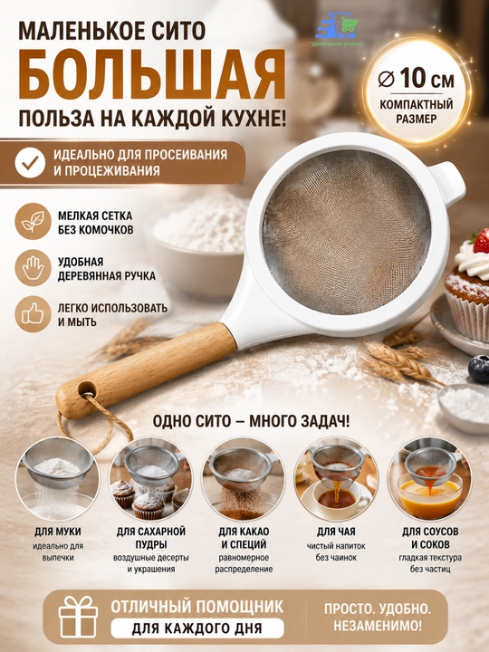 Кухонное сито с деревянной ручкой, мелкая сетка, для муки, чая и продуктов, 10/16см