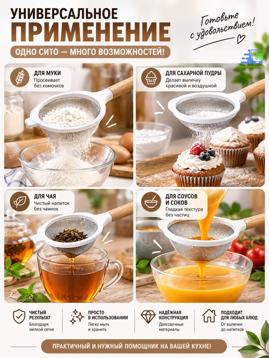 Кухонное сито с деревянной ручкой, мелкая сетка, для муки, чая и продуктов, 10/16см