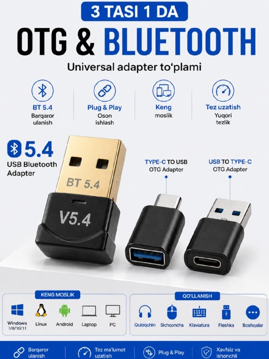 3 tasi 1 da Universal Adapter To'plami (Type-C OTG + USB OTG + Bluetooth 5.4) - 