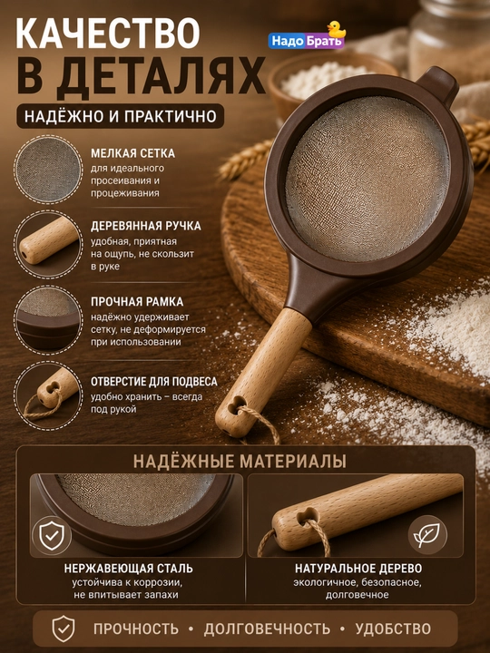 Кухонное сито с деревянной ручкой, мелкая сетка, для муки, чая и продуктов