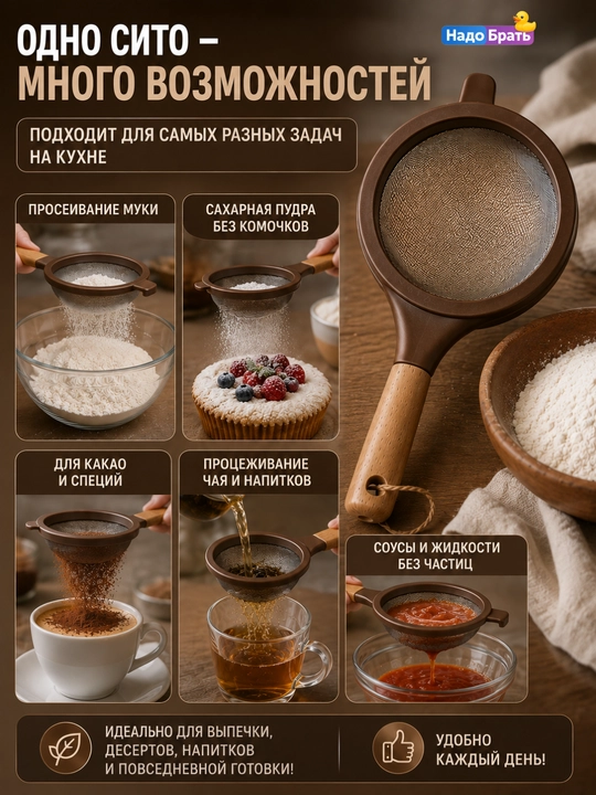 Кухонное сито с деревянной ручкой, мелкая сетка, для муки, чая и продуктов