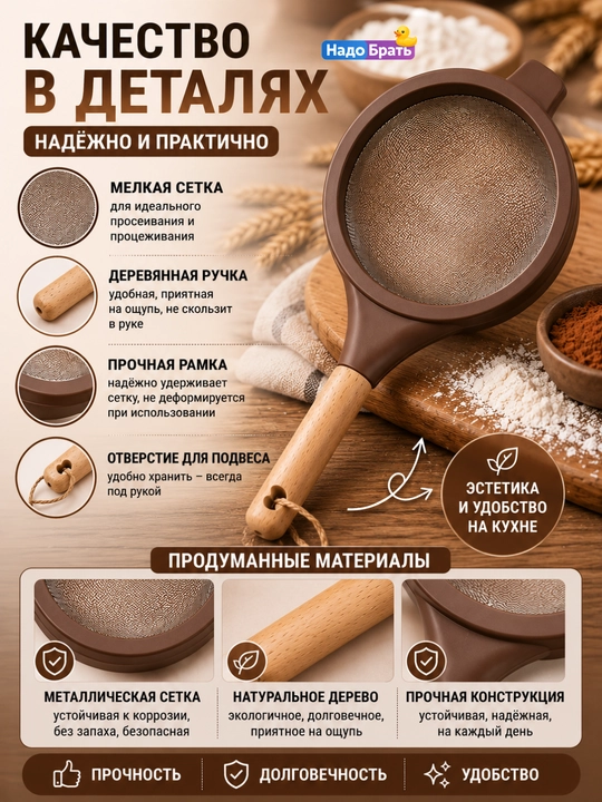 Кухонное сито с деревянной ручкой, мелкая сетка, для муки, чая и продуктов