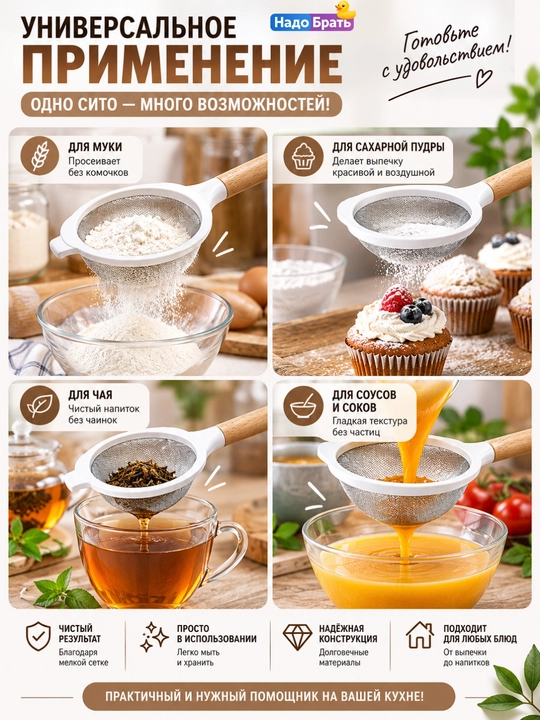 Кухонное сито с деревянной ручкой, мелкая сетка, для муки, чая и продуктов