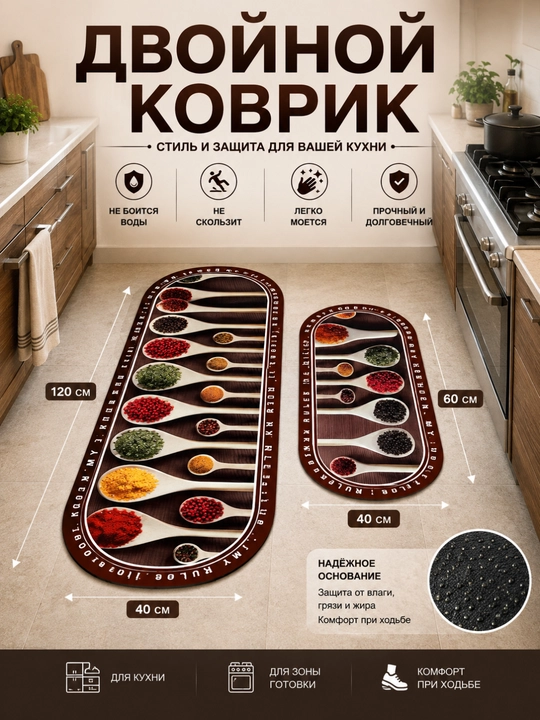 Namlikka chidamli antibakterial oshxona gilamchalari to‘plami, 2 dona - 