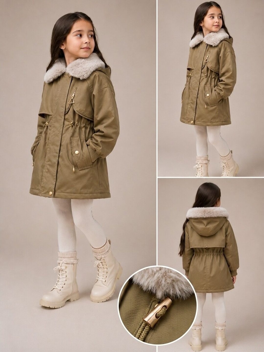 Qiz bolalar qishki kurtkasi, parka, ichi issiq mo'ynali, 1–5 yosh