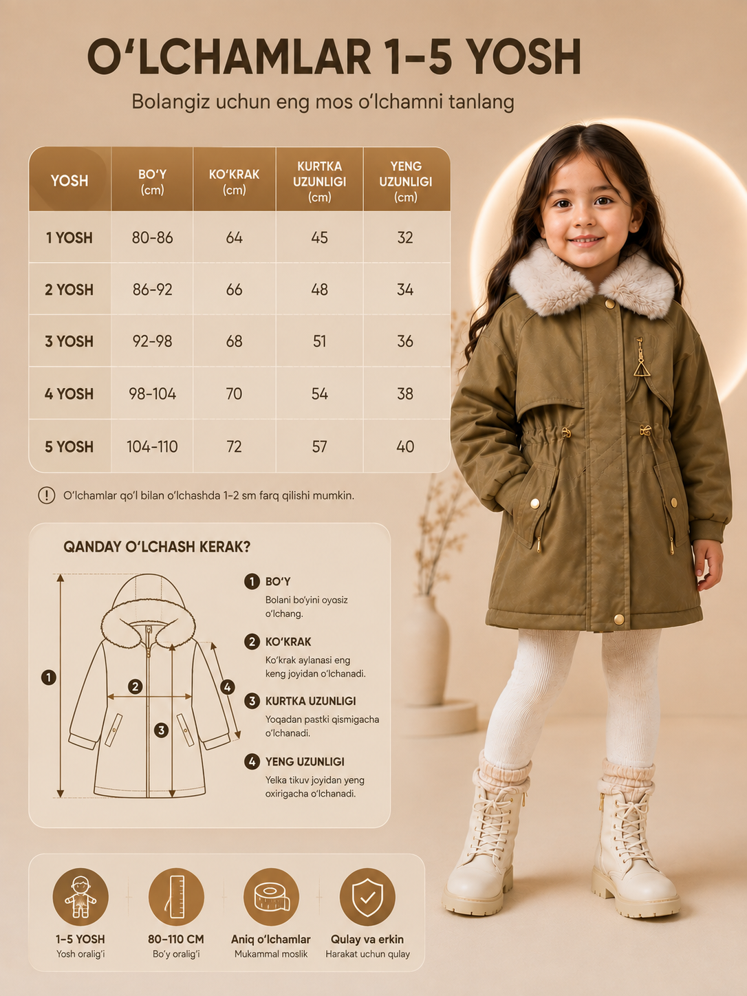 Qiz bolalar qishki kurtkasi, parka, ichi issiq mo'ynali, 1–5 yosh