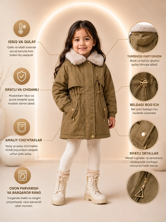 Qiz bolalar qishki kurtkasi, parka, ichi issiq mo'ynali, 1–5 yosh