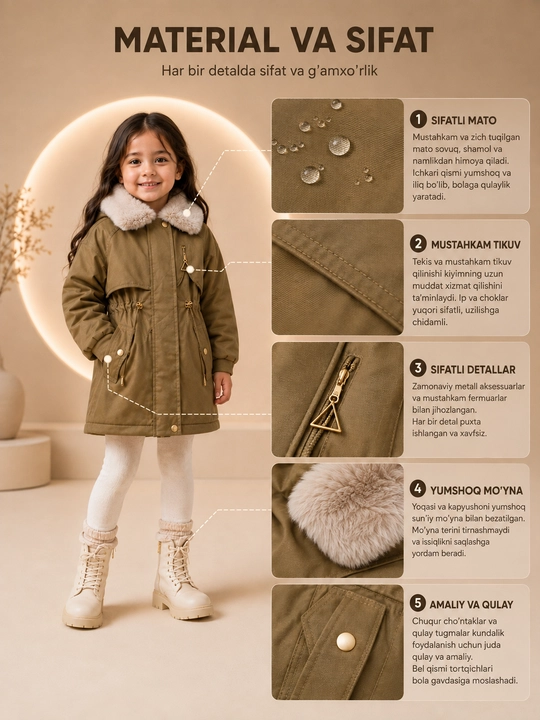 Qiz bolalar qishki kurtkasi, parka, ichi issiq mo'ynali, 1–5 yosh