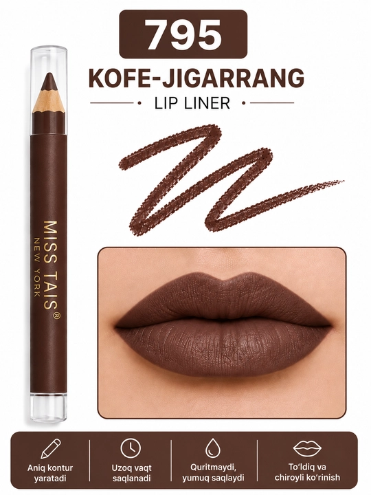 MISS TAIS Lip Liner — lab hoshiyasi uchun qalam, 12 xil rangda