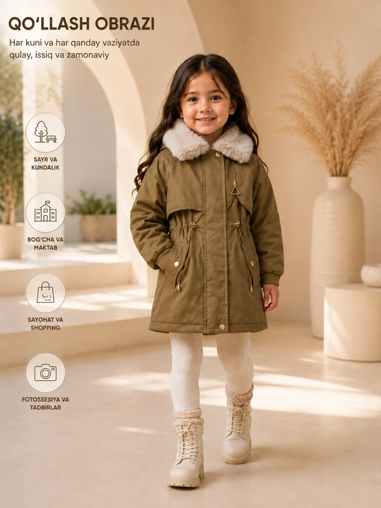 Qiz bolalar qishki kurtkasi, parka, ichi issiq mo'ynali, 1–5 yosh