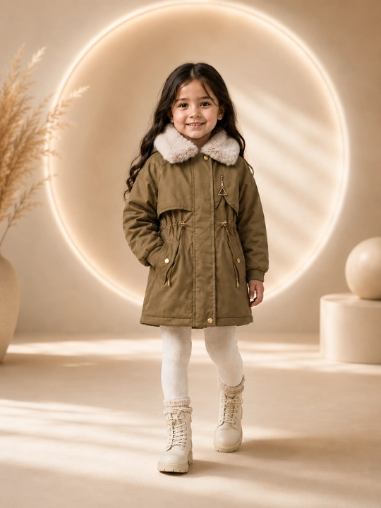 Qiz bolalar qishki kurtkasi, parka, ichi issiq mo'ynali, 1–5 yosh