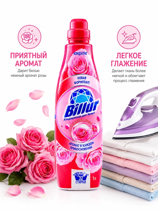 Кондиционер для белья Billur Роза, 1 л, смягчитель тканей с нежным ароматом розы - 