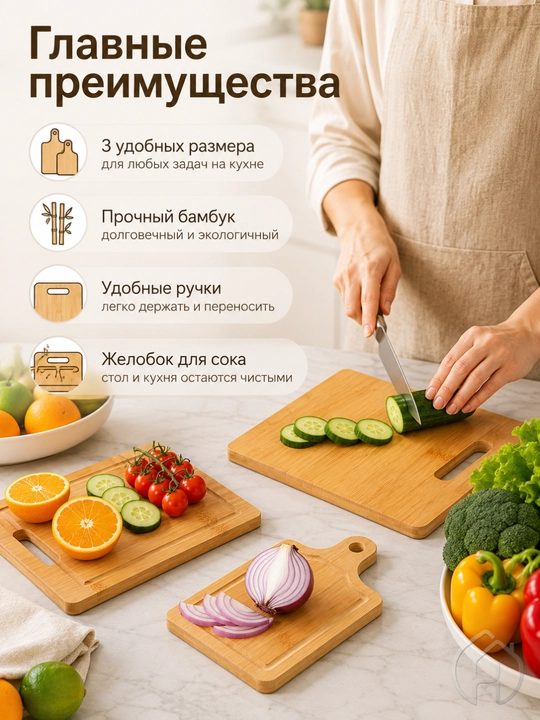 Набор деревянных разделочных досок для кухни – 3 шт. (двусторонние)  DB-13-31