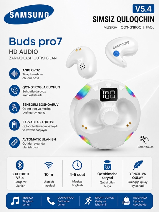 Buds Pro7 simsiz Bluetooth quloqchin, sensor boshqaruvli, LED ekranli quti