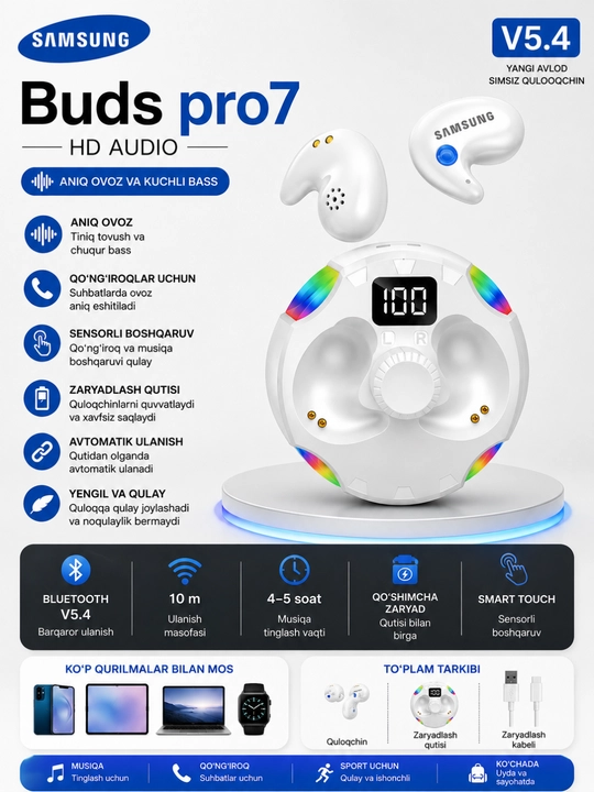 Buds Pro7 simsiz Bluetooth quloqchin, sensor boshqaruvli, LED ekranli quti - 