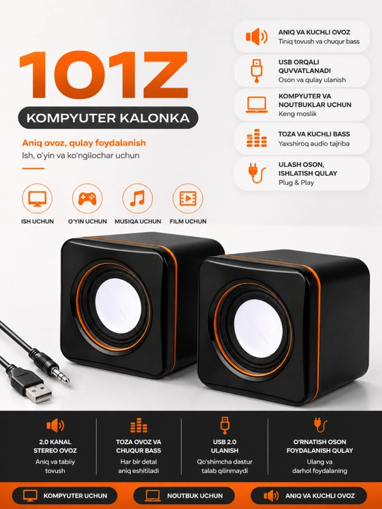 101Z компьютерные колонки 2.0, питание USB, стереозвук, черные - 