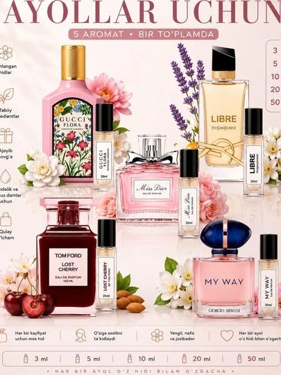 Ayollar uchun atirlar, Libre Lost Cherry, Gucci Flora, Miss Dior, My way, 5 tasi 1 da - 