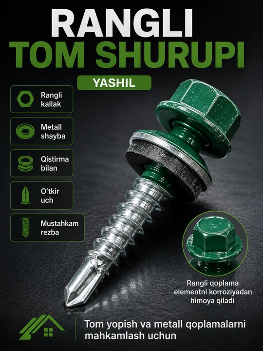 Rangli tom yopish shurupi, shayba va qistirma bilan, profnastil va metallocherepitsa uchun