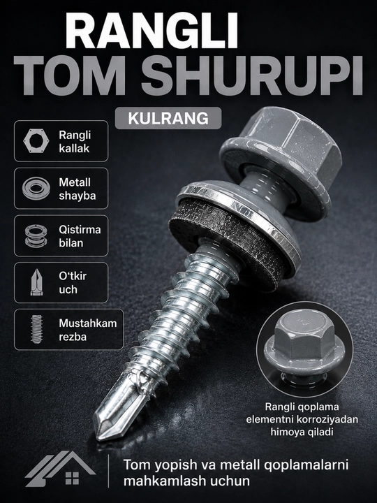 Rangli tom yopish shurupi, shayba va qistirma bilan, profnastil va metallocherepitsa uchun