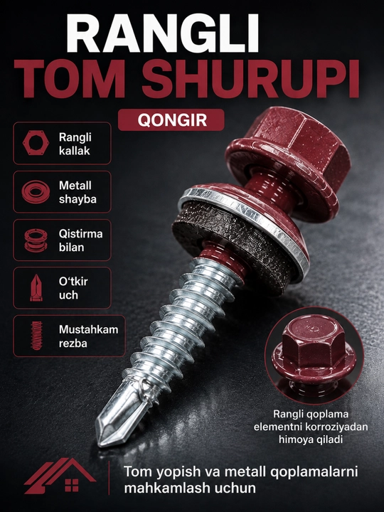 Rangli tom yopish shurupi, shayba va qistirma bilan, profnastil va metallocherepitsa uchun