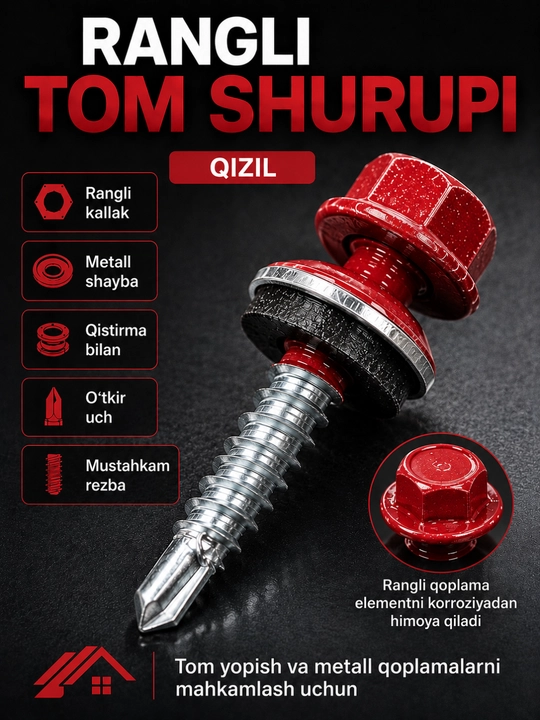 Rangli tom yopish shurupi, shayba va qistirma bilan, profnastil va metallocherepitsa uchun