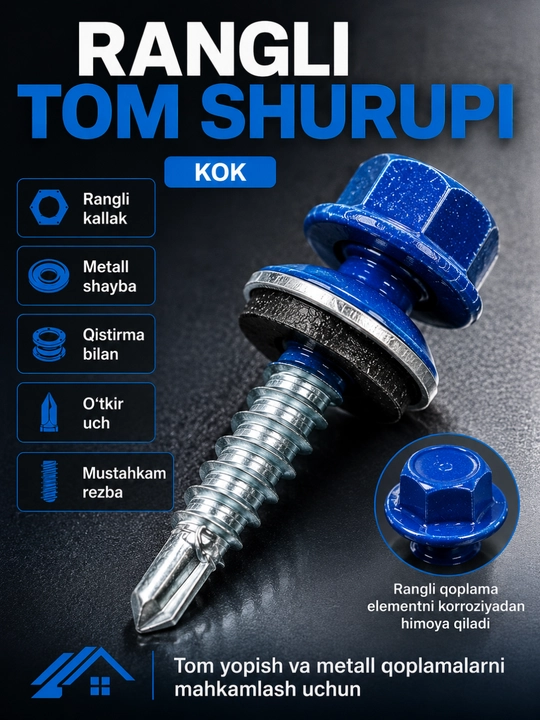 Rangli tom yopish shurupi, shayba va qistirma bilan, profnastil va metallocherepitsa uchun