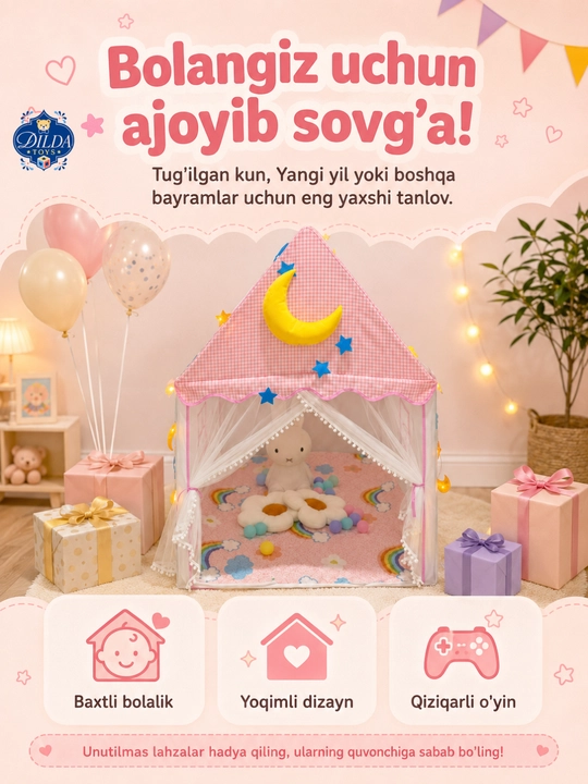 Bolalar o‘yin chodiri, bolalar va o‘yinchoqlar uchun uycha, chodir