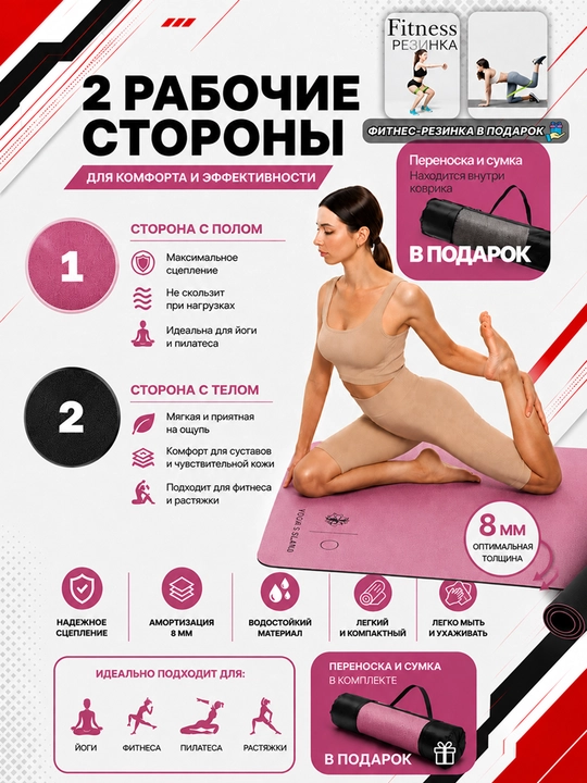 Коврик для йоги и фитнеса, спортивный, 61 x 183 x 0.4 см, 0.6 см и 0.8 см