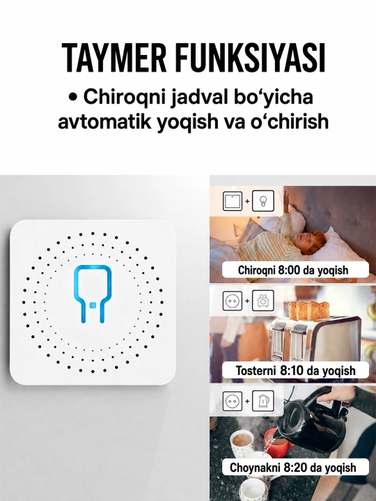 Tuya Wi-Fi 16A aqlli mini rele, taymer va Smart Life orqali boshqaruv