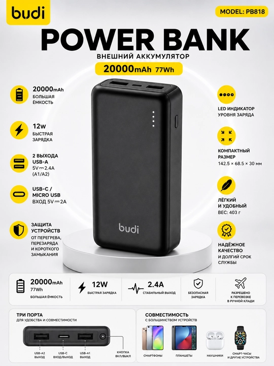 BUDI POWER BANK PB818 — 20 000 mah