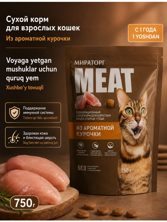 Winner Meat сухой корм для кошек, с ароматной курочкой, 750 г - 