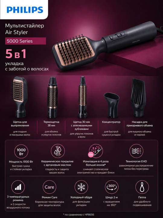 Soch uchun fen-shchyotka Philips Air Styler 5000 BHA530/00, 5 tasi 1 da stayler