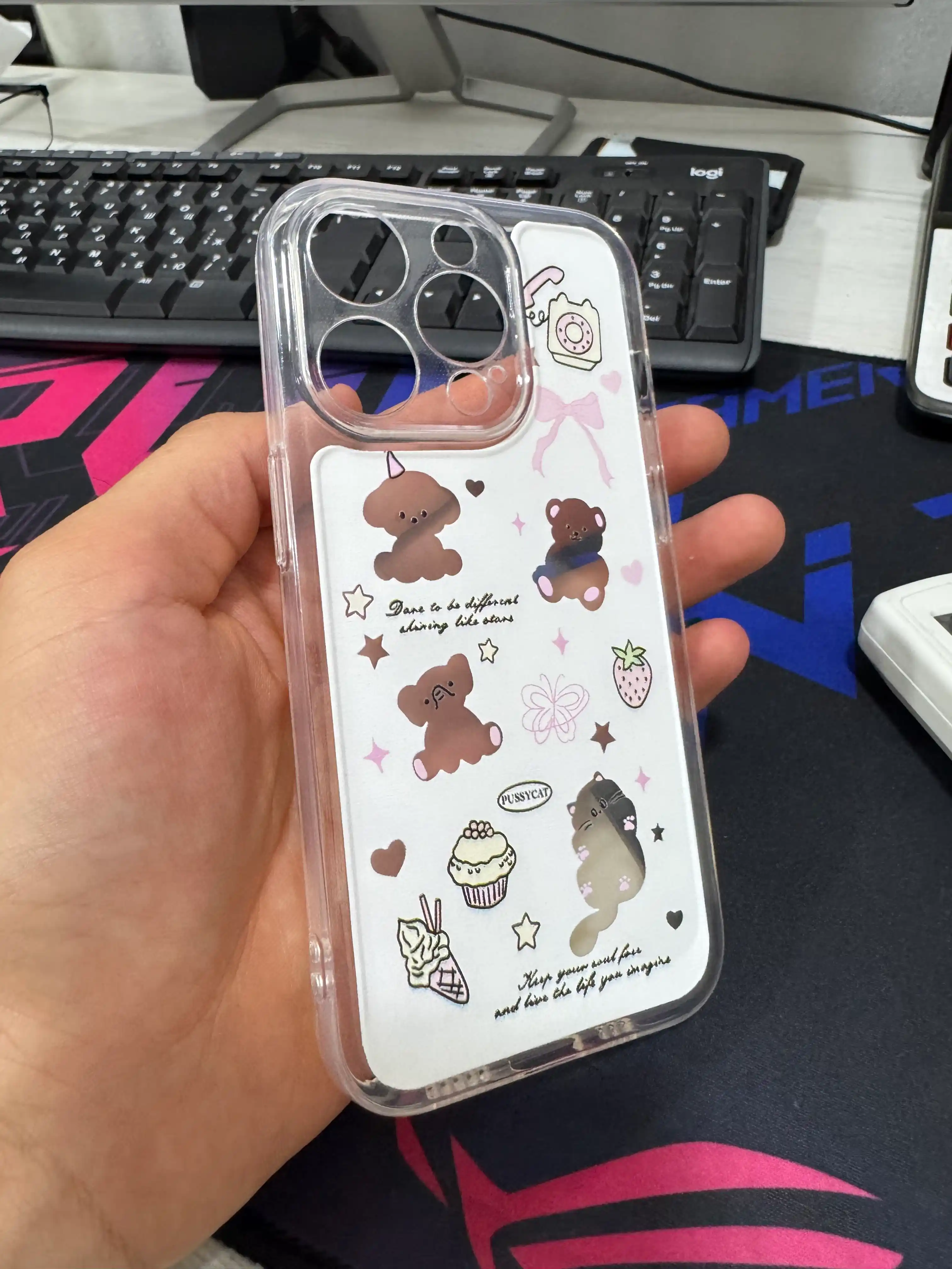 IPhone uchun shaffof silikon chexol Cute Bear Cat Kawaii kamera himoyali