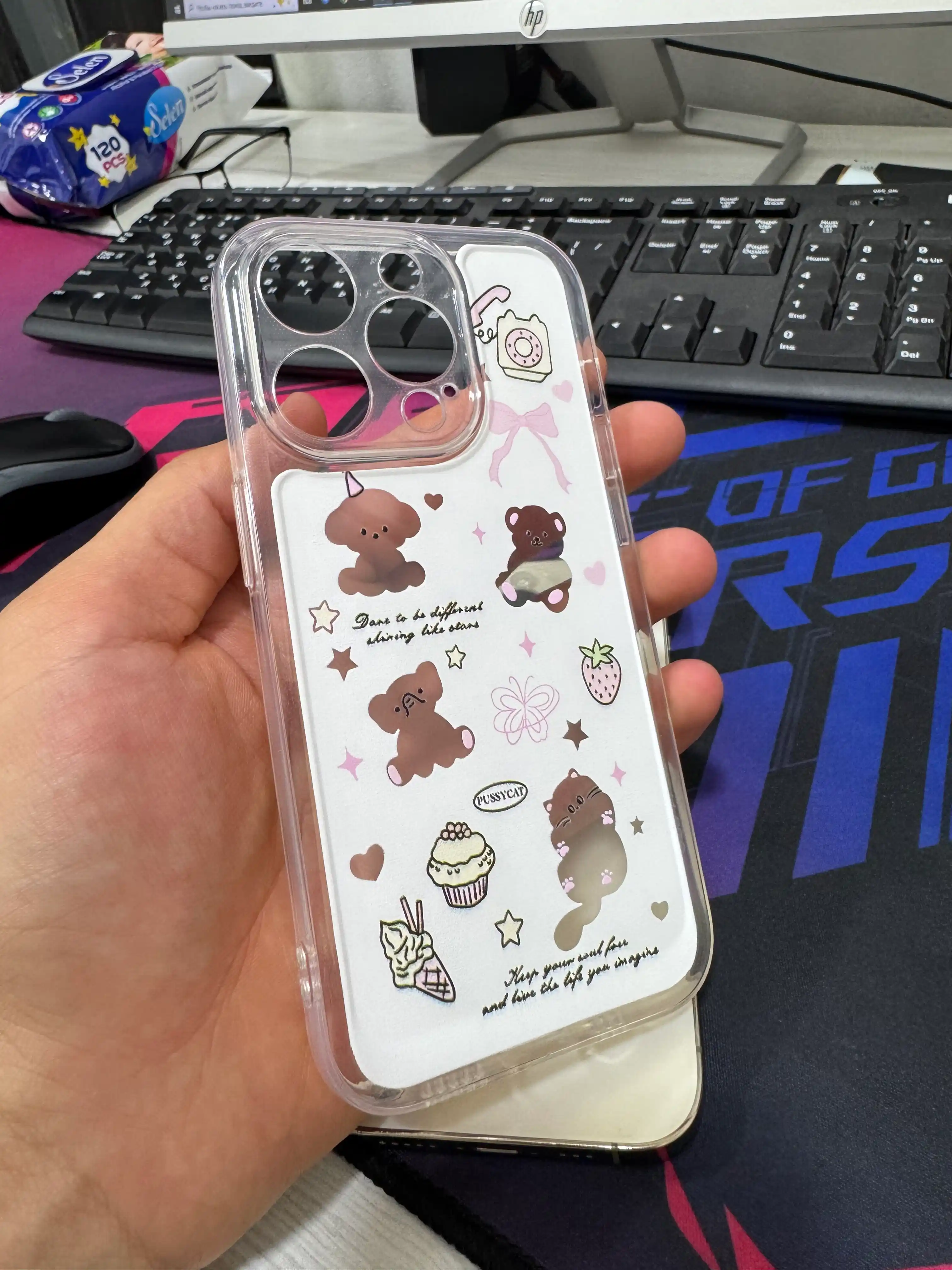 IPhone uchun shaffof silikon chexol Cute Bear Cat Kawaii kamera himoyali