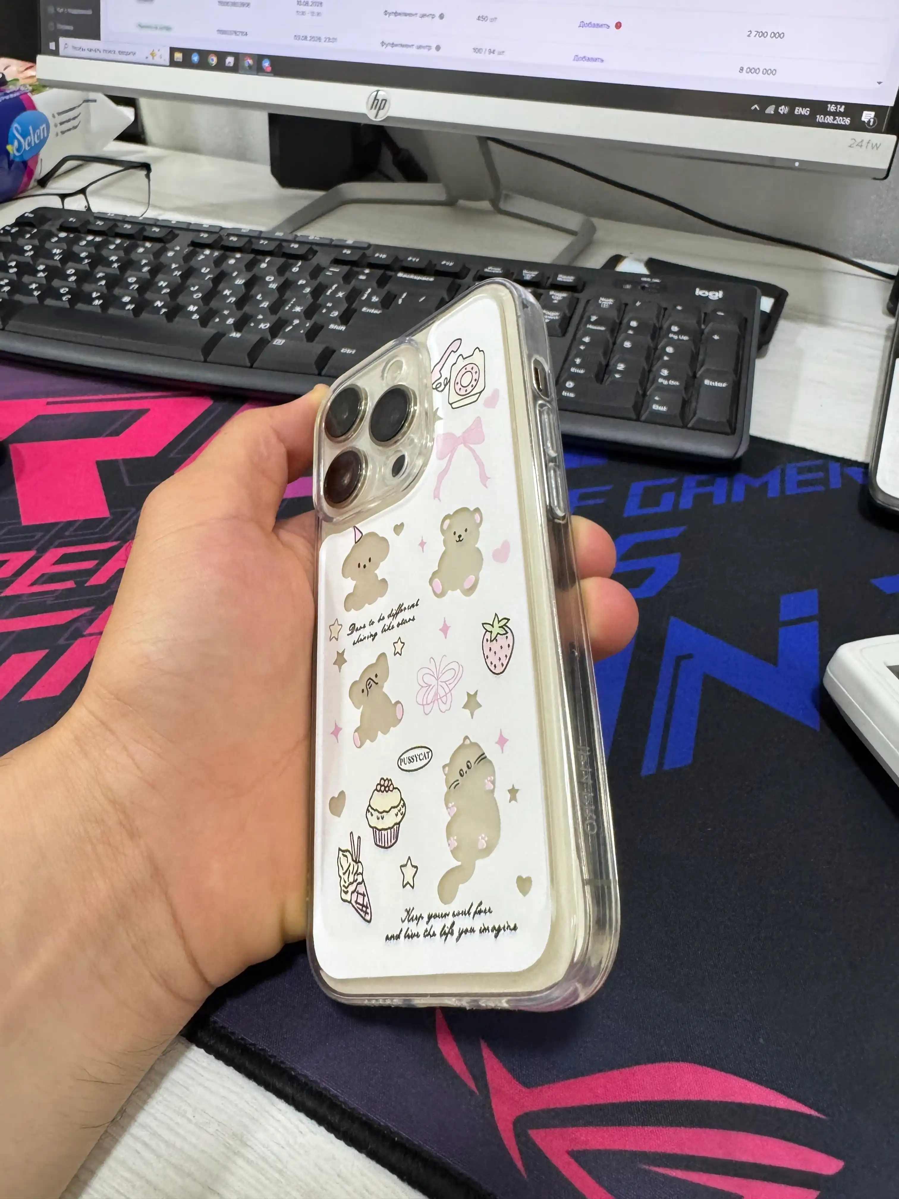 IPhone uchun shaffof silikon chexol Cute Bear Cat Kawaii kamera himoyali