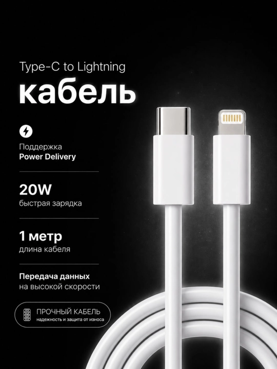 Кабель для iPhone 20W — быстрая зарядка, Type-C to Lightning, зарядный кабель для iPhone - 