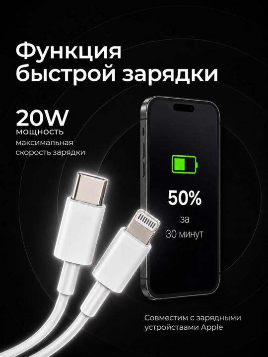 Кабель для iPhone 20W — быстрая зарядка, Type-C to Lightning, зарядный кабель для iPhone