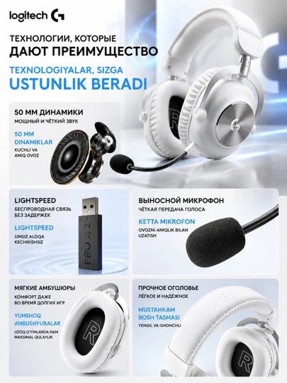 Игровые наушники Logitech G Pro X 2 LIGHTSPEED, беспроводные 2.4 ГГц/Bluetooth,до 50 часов