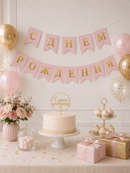 Растяжка С Днем Рождения» черная с золотыми буквами, флажки, праздничный декор