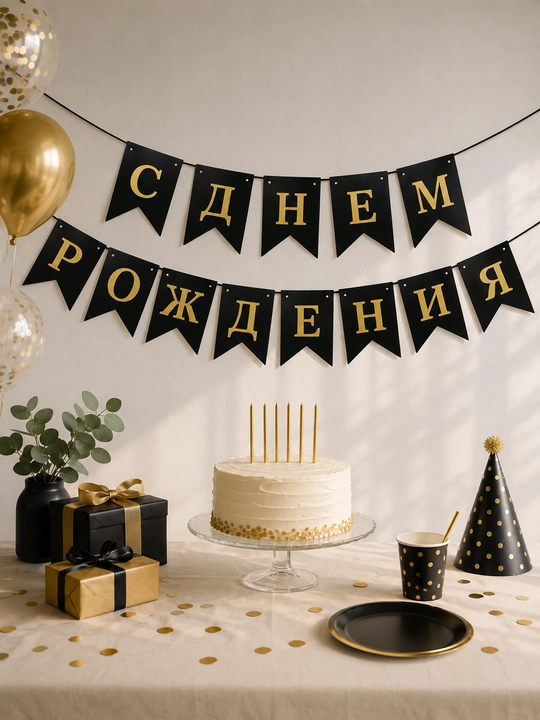 Растяжка С Днем Рождения» черная с золотыми буквами, флажки, праздничный декор