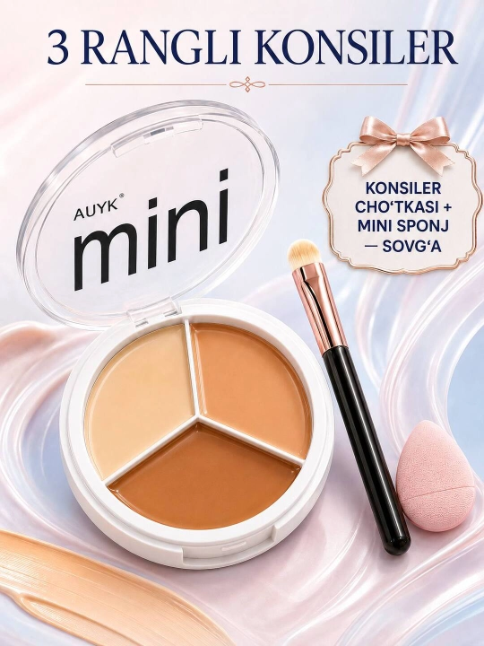 Кремовый консилер AUYK Mini, 3 оттенка от тёмных кругов и пятен, кисть и спонж