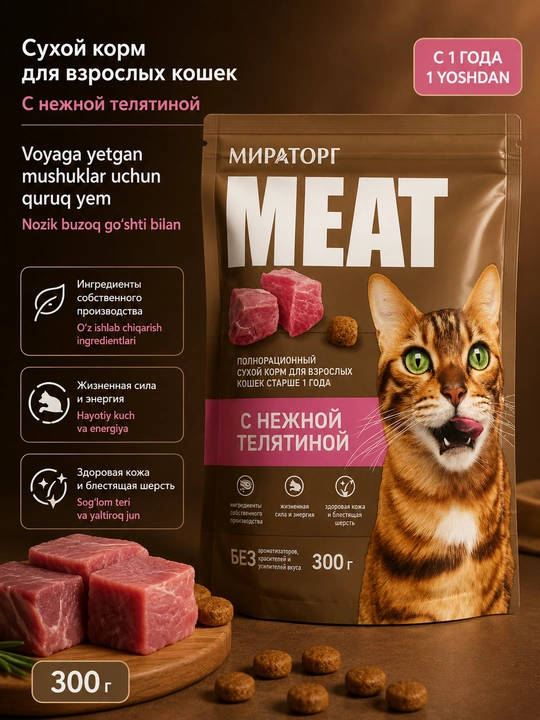 Мираторг Winner Meat сухой корм для кошек, с нежной телятиной, 300 г - 